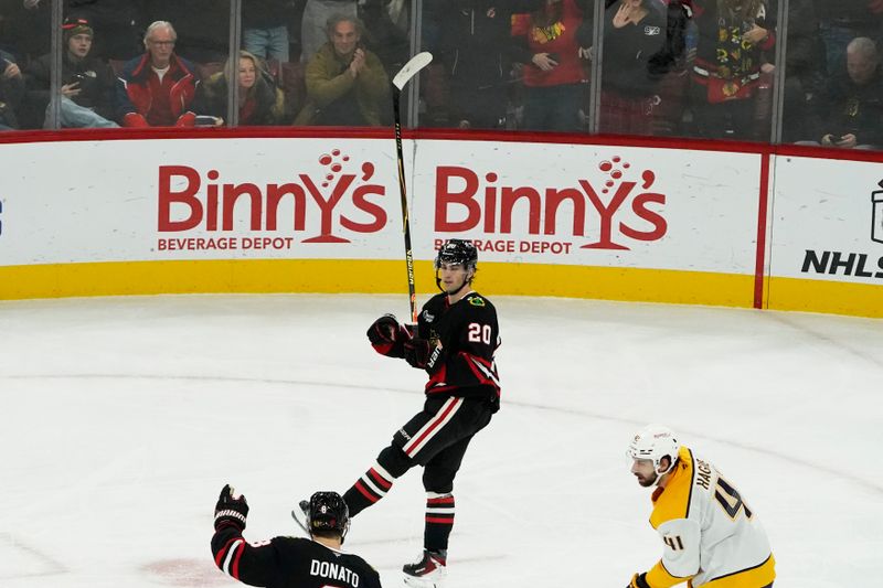 Nov 28, 2025; Chicago, Illinois, USA; Chicago Blackhawks center Ryan Greene (20) celebrates scoring a goal against the Nashville Predators during the second period at United Center. Mandatory Credit: David Banks-Imagn Images