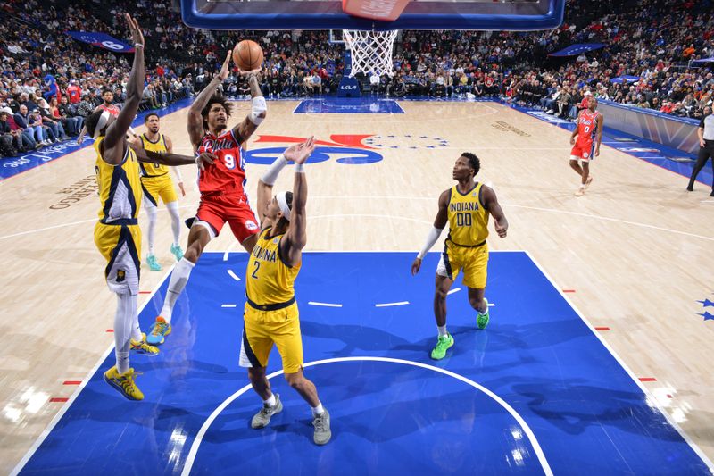 PHILADELPHIA, PA - DECEMBER 13: Kelly Oubre Jr. #9 of the Philadelphia 76ers drives to the basket during the game against the Indiana Pacers on December 13, 2024 at the Wells Fargo Center in Philadelphia, Pennsylvania NOTE TO USER: User expressly acknowledges and agrees that, by downloading and/or using this Photograph, user is consenting to the terms and conditions of the Getty Images License Agreement. Mandatory Copyright Notice: Copyright 2024 NBAE (Photo by Jesse D. Garrabrant/NBAE via Getty Images)