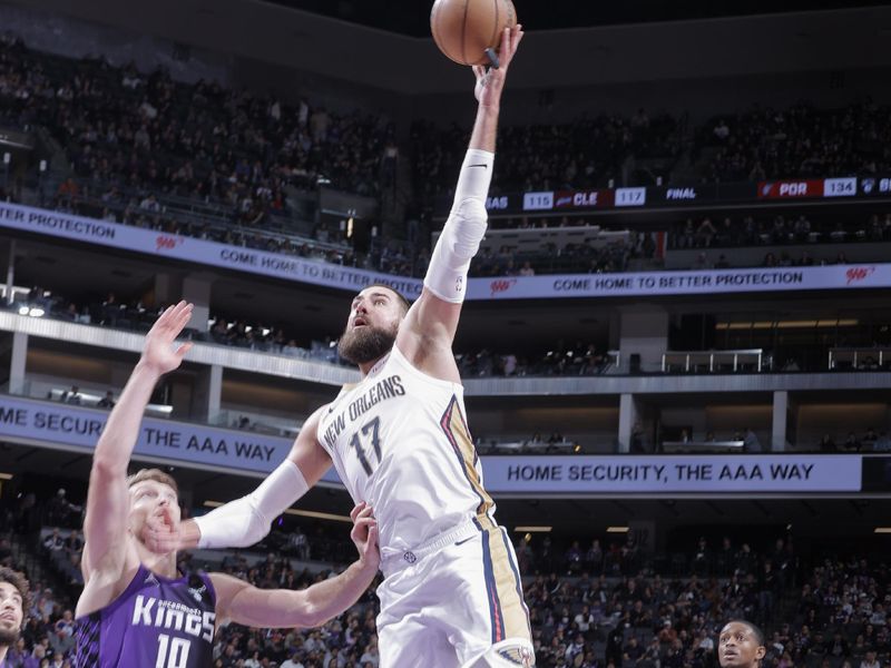 SACRAMENTO, CA - JANUARY 7:  Jonas Valanciunas #17 of the New Orleans Pelicans goes to the basket during the game on January 7, 2024 at Golden 1 Center in Sacramento, California. NOTE TO USER: User expressly acknowledges and agrees that, by downloading and or using this Photograph, user is consenting to the terms and conditions of the Getty Images License Agreement. Mandatory Copyright Notice: Copyright 2024 NBAE (Photo by Rocky Widner/NBAE via Getty Images)