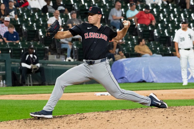 Sep 10, 2024; Chicago, Illinois, USA;  Cleveland Guardians pitcher Erik Sabrowski (62) delivers the ball during the ninth inning against the Chicago White Sox at Guaranteed Rate Field. Mandatory Credit: Matt Marton-Imagn Images