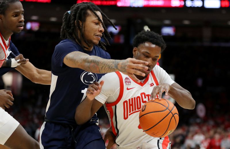 Jan 20, 2024; Columbus, Ohio, USA;  Ohio State Buckeyes guard Dale Bonner (4) dribbles the ball as Penn State Nittany Lions guard Ace Baldwin Jr. (1) defends during the second half at Value City Arena. Mandatory Credit: Joseph Maiorana-USA TODAY Sports