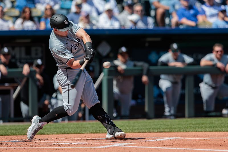 Apr 7, 2024; Kansas City, Missouri, USA; Chicago White Sox first base Andrew Vaughn (25) batting during the first inning against the Kansas City Royals at Kauffman Stadium. Mandatory Credit: William Purnell-USA TODAY Sports