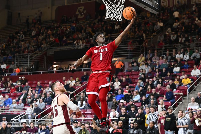 Feb 11, 2023; Chestnut Hill, Massachusetts, USA; North Carolina State Wolfpack guard Jarkel Joiner (1) attempts a layup against the Boston College Eagles during the second half at the Conte Forum. Mandatory Credit: Brian Fluharty-USA TODAY Sports