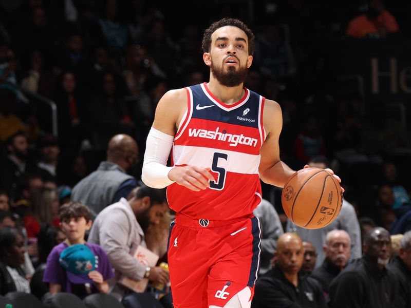 WASHINGTON, DC -? MARCH 8:  Tyus Jones #5 of the Washington Wizards handles the ball during the game  on March 8, 2024 at Capital One Arena in Washington, DC. NOTE TO USER: User expressly acknowledges and agrees that, by downloading and or using this Photograph, user is consenting to the terms and conditions of the Getty Images License Agreement. Mandatory Copyright Notice: Copyright 2024 NBAE (Photo by Stephen Gosling/NBAE via Getty Images)