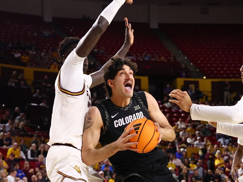 Jan 3, 2026; Tempe, Arizona, USA; Colorado Buffaloes forward Alon Michaeli against the Arizona State Sun Devils in the first half at Desert Financial Arena. Mandatory Credit: Mark J. Rebilas-Imagn Images
