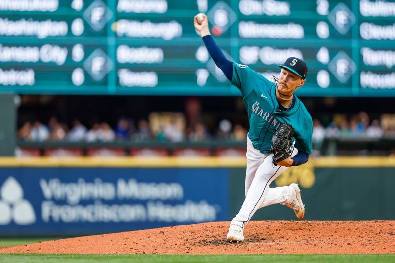 Aug 3, 2024; Seattle, Washington, USA; Seattle Mariners starting pitcher Bryce Miller (50) throws against the Philadelphia Phillies during the third inning at T-Mobile Park. Mandatory Credit: Joe Nicholson-USA TODAY Sports