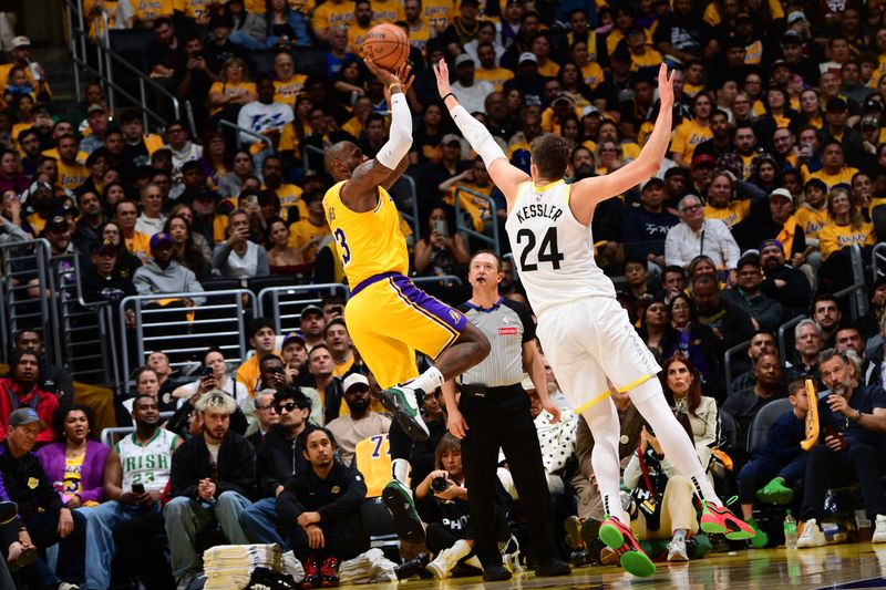 LOS ANGELES, CA - FEBRUARY 10:  LeBron James #23 of the Los Angeles Lakers shoots the ball during the game against the Utah Jazz on February 10, 2025 at Crypto.Com Arena in Los Angeles, California. NOTE TO USER: User expressly acknowledges and agrees that, by downloading and/or using this Photograph, user is consenting to the terms and conditions of the Getty Images License Agreement. Mandatory Copyright Notice: Copyright 2025 NBAE (Photo by Adam Pantozzi/NBAE via Getty Images)