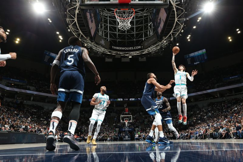 MINNEAPOLIS, MN -  NOVEMBER 4: LaMelo Ball #1 of the Charlotte Hornets shoots the ball during the game against the Minnesota Timberwolves on November 4, 2024 at Target Center in Minneapolis, Minnesota. NOTE TO USER: User expressly acknowledges and agrees that, by downloading and or using this Photograph, user is consenting to the terms and conditions of the Getty Images License Agreement. Mandatory Copyright Notice: Copyright 2024 NBAE (Photo by David Sherman/NBAE via Getty Images)