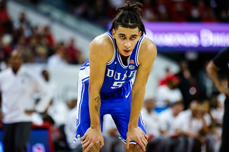 Jan 4, 2023; Raleigh, North Carolina, USA;  Duke Blue Devils guard Tyrese Proctor (5) looks on during the second half against North Carolina State Wolfpack at PNC Arena. Mandatory Credit: Jaylynn Nash-USA TODAY Sports