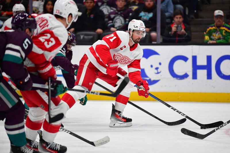 Jan 7, 2024; Anaheim, California, USA; Detroit Red Wings center Dylan Larkin (71) moves in for a shot on goal against the Anaheim Ducks during the third period at Honda Center. Mandatory Credit: Gary A. Vasquez-USA TODAY Sports