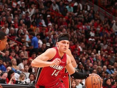 MIAMI, FL - DECEMBER 25:  Tyler Herro #14 of the Miami Heat goes to the basket during the game   on December 25, 2023 at Kaseya Center Arena in Miami, Florida. NOTE TO USER: User expressly acknowledges and agrees that, by downloading and or using this Photograph, user is consenting to the terms and conditions of the Getty Images License Agreement. Mandatory Copyright Notice: Copyright 2023 NBAE (Photo by Issac Baldizon/NBAE via Getty Images)