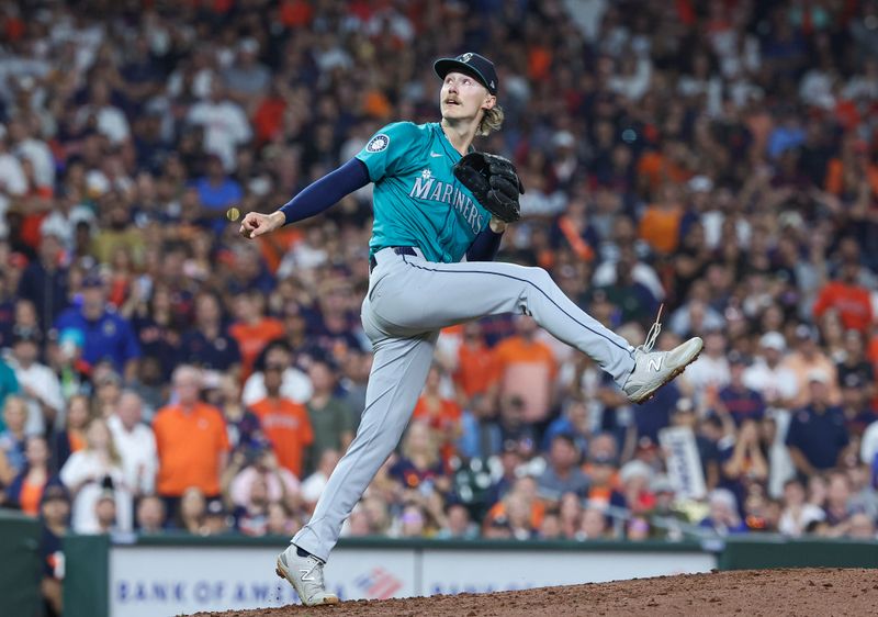 Sep 23, 2024; Houston, Texas, USA; Seattle Mariners starting pitcher Bryce Miller (50) looks up after a pitch during the seventh inning against the Houston Astros at Minute Maid Park. Mandatory Credit: Troy Taormina-Imagn Images