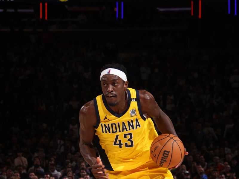 NEW YORK, NY - FEBRUARY 1: Pascal Siakam #43 of the Indiana Pacers dribbles the ball during the game against the New York Knicks on February 1, 2024 at Madison Square Garden in New York City, New York.  NOTE TO USER: User expressly acknowledges and agrees that, by downloading and or using this photograph, User is consenting to the terms and conditions of the Getty Images License Agreement. Mandatory Copyright Notice: Copyright 2024 NBAE  (Photo by Nathaniel S. Butler/NBAE via Getty Images)