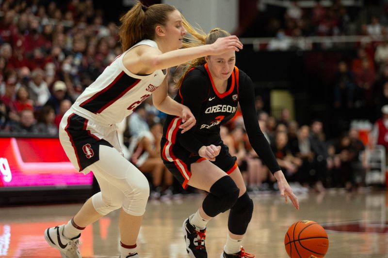 Jan 21, 2024; Stanford, California, USA; Oregon State Beavers guard Dominika Paurov   (3) attempts to drive around Stanford Cardinal guard Elena Bosgana (20) during the first quarter at Maples Pavilion. Mandatory Credit: D. Ross Cameron-USA TODAY Sports