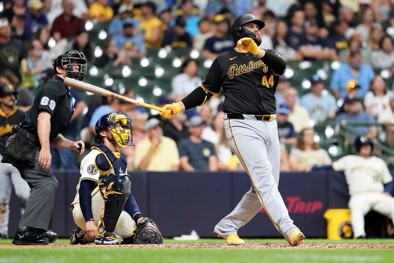 Jul 9, 2024; Milwaukee, Wisconsin, USA;  Pittsburgh Pirates first baseman Rowdy Tellez (44) hits a home run during the seventh inning against the Milwaukee Brewers at American Family Field. Mandatory Credit: Jeff Hanisch-USA TODAY Sports