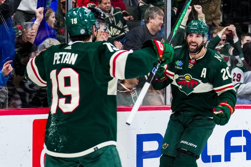 Jan 2, 2024; Saint Paul, Minnesota, USA; Minnesota Wild left wing Pat Maroon (20) celebrates his goal during the second period against the Minnesota Wild at Xcel Energy Center. Mandatory Credit: Brace Hemmelgarn-USA TODAY Sports