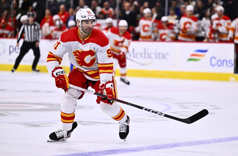 Jan 6, 2024; Philadelphia, Pennsylvania, USA; Calgary Flames center Nazem Kadri (91) in action against the Philadelphia Flyers in the third period at Wells Fargo Center. Mandatory Credit: Kyle Ross-USA TODAY Sports