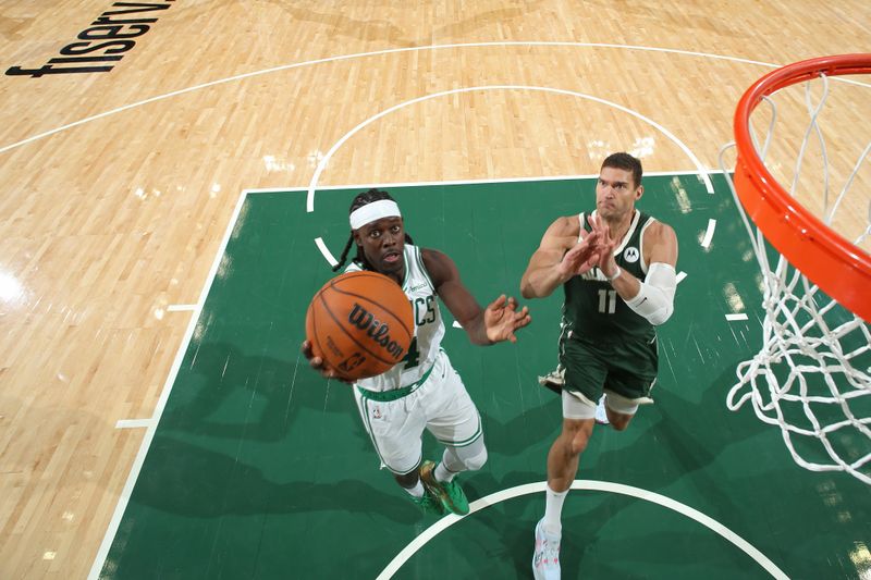 MILWAUKEE, WI - NOVEMBER 10: Jrue Holiday #4 of the Boston Celtics drives to the basket during the game against the Milwaukee Bucks on November 10, 2024 at the Fiserv Forum Center in Milwaukee, Wisconsin. NOTE TO USER: User expressly acknowledges and agrees that, by downloading and or using this Photograph, user is consenting to the terms and conditions of the Getty Images License Agreement. Mandatory Copyright Notice: Copyright 2024 NBAE (Photo by Gary Dineen/NBAE via Getty Images).