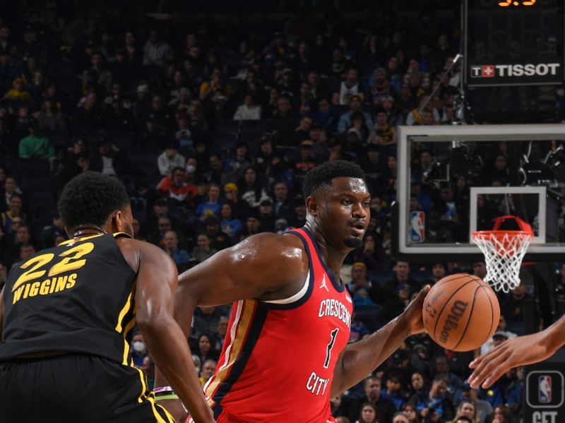 SAN FRANCISCO, CA - JANUARY 10:  Zion Williamson #1 of the New Orleans Pelicans passes the ball during the game on January 10, 2024 at Chase Center in San Francisco, California. NOTE TO USER: User expressly acknowledges and agrees that, by downloading and or using this photograph, user is consenting to the terms and conditions of Getty Images License Agreement. Mandatory Copyright Notice: Copyright 2024 NBAE (Photo by Noah Graham/NBAE via Getty Images)