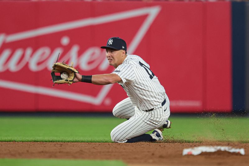 Aug 20, 2024; Bronx, New York, USA; New York Yankees shortstop Anthony Volpe (11) makes a catch for an out during the third inning against the Cleveland Guardians at Yankee Stadium. Mandatory Credit: Vincent Carchietta-USA TODAY Sports