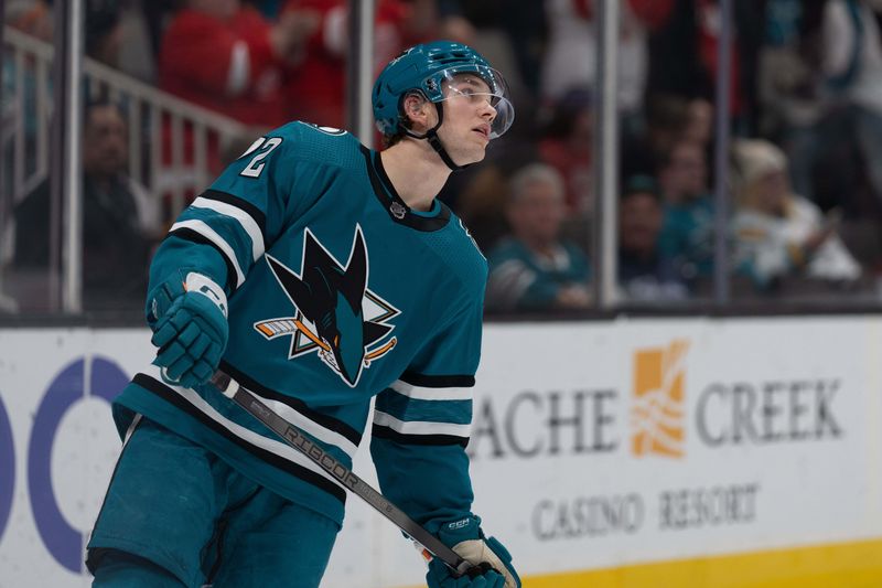 Jan 2, 2024; San Jose, California, USA; San Jose Sharks left wing William Eklund (72) reacts after the Detroit Red Wings scored their fifth goal during the third period at SAP Center at San Jose. Mandatory Credit: Stan Szeto-USA TODAY Sports