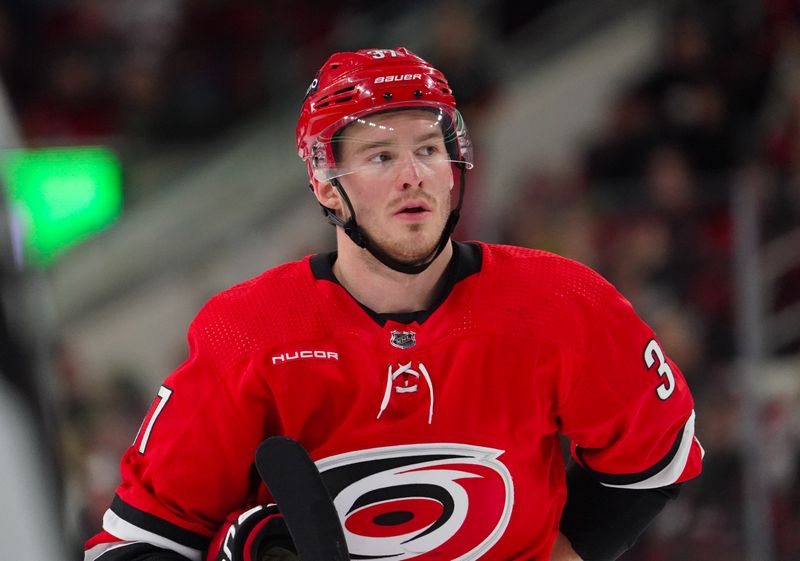 Mar 2, 2024; Raleigh, North Carolina, USA; Carolina Hurricanes right wing Andrei Svechnikov (37) looks on against the Winnipeg Jets at PNC Arena. Mandatory Credit: James Guillory-USA TODAY Sports