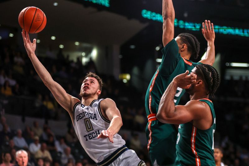 Jan 4, 2023; Atlanta, Georgia, USA; Georgia Tech Yellow Jackets guard Lance Terry (0) shoots against the Miami Hurricanes in the second half at McCamish Pavilion. Mandatory Credit: Brett Davis-USA TODAY Sports
