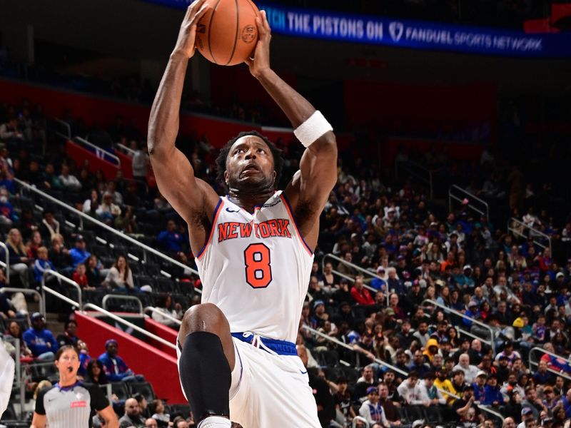 DETROIT, MI - NOVEMBER 1: OG Anunoby #8 of the New York Knicks drives to the basket during the game against the Detroit Pistons on November 1, 2024 at Little Caesars Arena in Detroit, Michigan. NOTE TO USER: User expressly acknowledges and agrees that, by downloading and/or using this photograph, User is consenting to the terms and conditions of the Getty Images License Agreement. Mandatory Copyright Notice: Copyright 2024 NBAE (Photo by Chris Schwegler/NBAE via Getty Images)