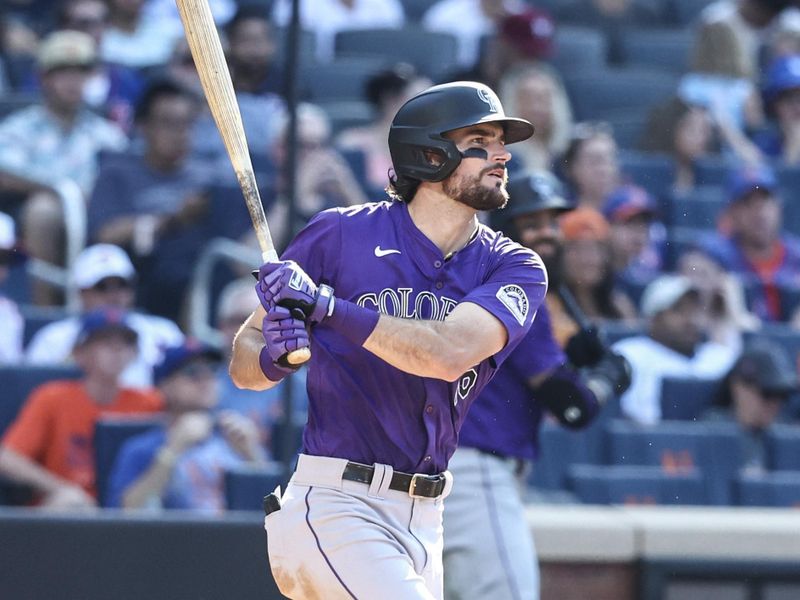 Jul 13, 2024; New York City, New York, USA;  Colorado Rockies left fielder Sam Hilliard (16) hits a single in the fifth inning against the New York Mets at Citi Field. Mandatory Credit: Wendell Cruz-USA TODAY Sports