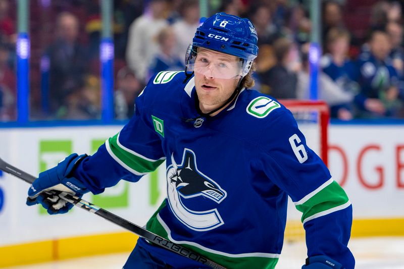 Oct 9, 2024; Vancouver, British Columbia, CAN; Vancouver Canucks forward Brock Boeser (6) skates during warm up prior to a game against the Calgary Flames at Rogers Arena. Mandatory Credit: Bob Frid-Imagn Images