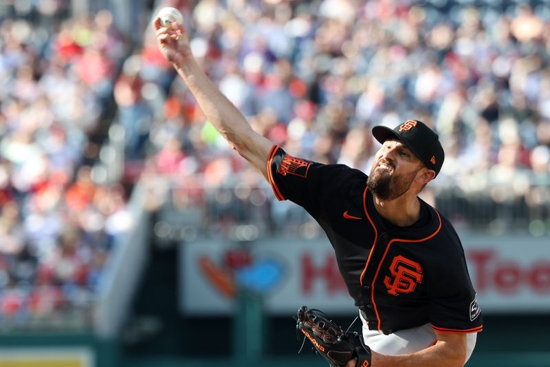 May 24, 2025; Washington, District of Columbia, USA; San Francisco Giants pitcher Tristan Beck (43) throws during the   sixth inning against the Washington Nationals at Nationals Park. Mandatory Credit: Daniel Kucin Jr.-Imagn Images