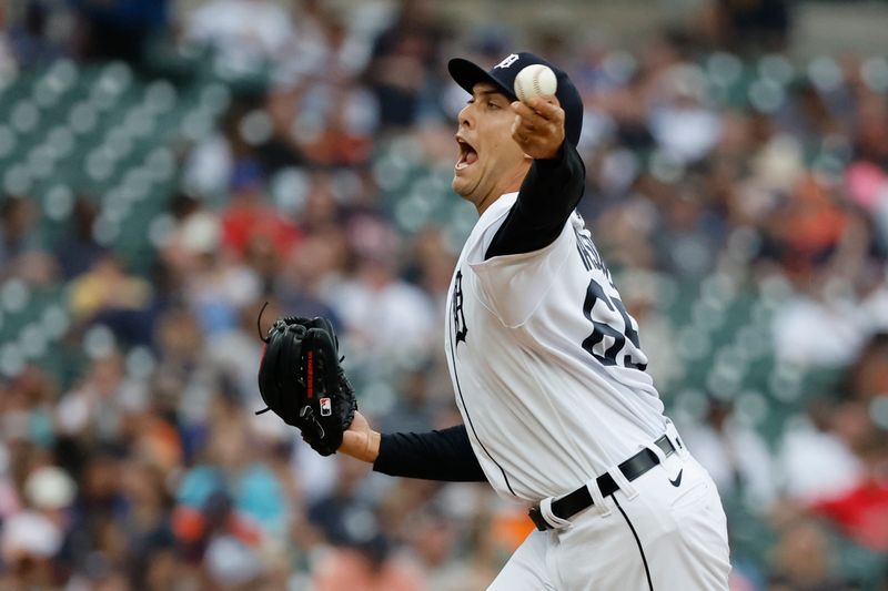 Aug 6, 2023; Detroit, Michigan, USA; Detroit Tigers relief pitcher Andrew Vasquez (65) pitches in the sixth inning against the Tampa Bay Rays at Comerica Park. Mandatory Credit: Rick Osentoski-USA TODAY Sports