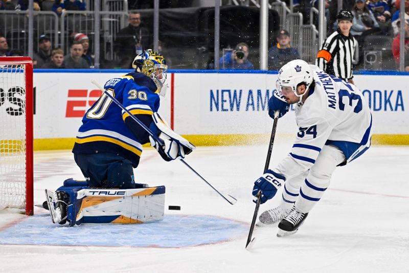 Feb 19, 2024; St. Louis, Missouri, USA;  Toronto Maple Leafs center Auston Matthews (34) shoots against St. Louis Blues goaltender Joel Hofer (30) during the first period at Enterprise Center. Mandatory Credit: Jeff Curry-USA TODAY Sports