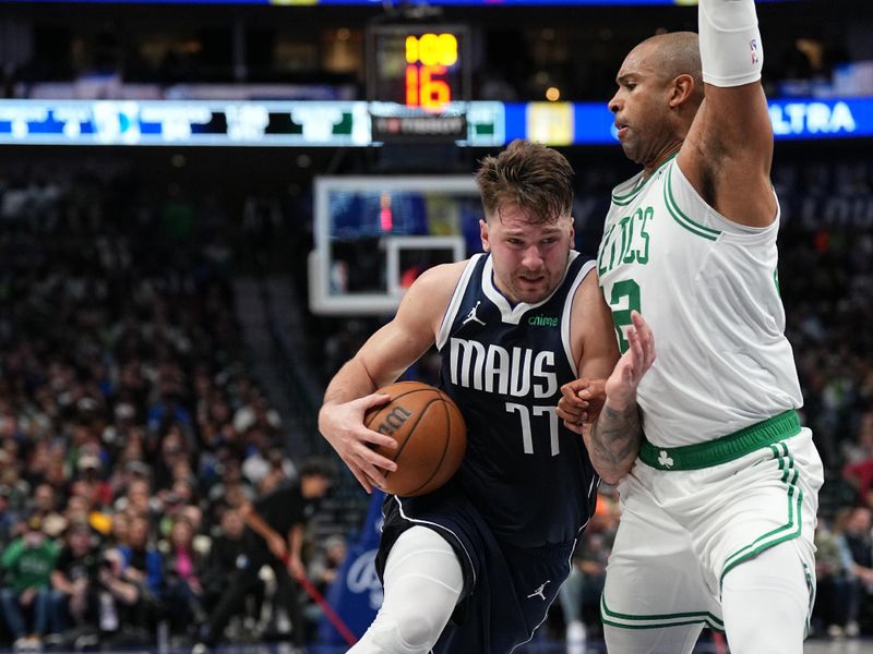 DALLAS, TX - JANUARY 22: Luka Doncic #77 of the Dallas Mavericks drives to the basket during the game against the Boston Celtics on January 22, 2024 at the American Airlines Center in Dallas, Texas. NOTE TO USER: User expressly acknowledges and agrees that, by downloading and or using this photograph, User is consenting to the terms and conditions of the Getty Images License Agreement. Mandatory Copyright Notice: Copyright 2024 NBAE (Photo by Glenn James/NBAE via Getty Images)