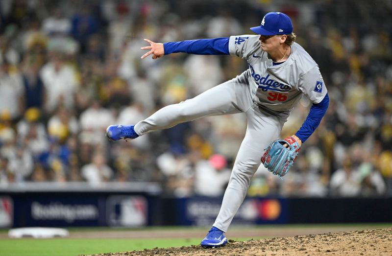 Oct 9, 2024; San Diego, California, USA; Los Angeles Dodgers pitcher Landon Knack (96) throws in the ninth inning against the San Diego Padres during game four of the NLDS for the 2024 MLB Playoffs at Petco Park.  Mandatory Credit: Denis Poroy-Imagn Images