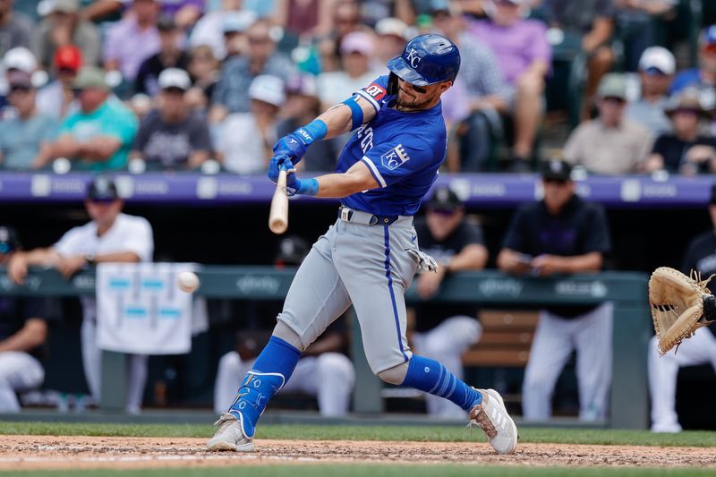 Jul 7, 2024; Denver, Colorado, USA; Kansas City Royals second baseman Michael Massey (19) hits an RBI single in the eighth inning against the Colorado Rockies at Coors Field. Mandatory Credit: Isaiah J. Downing-USA TODAY Sports