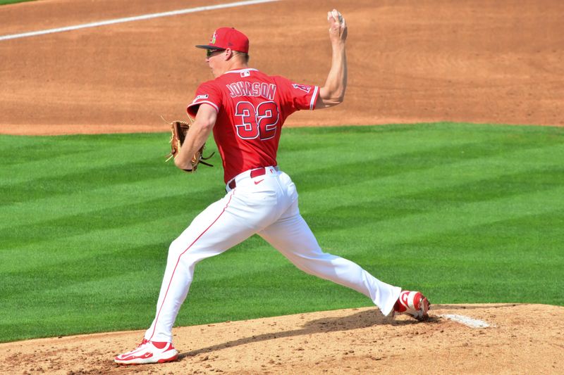 Feb 23, 2026; Tempe, Arizona, USA;  Los Angeles Angels pitcher Ryan Johnson (32) throws in the third inning against the Texas Rangers during a spring training game at Tempe Diablo Stadium. Mandatory Credit: Matt Kartozian-Imagn Images