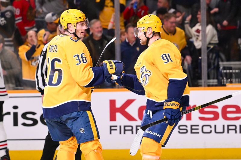 Feb 26, 2026; Nashville, Tennessee, USA;  Nashville Predators center Steven Stamkos (91) celebrates scoring with center Steven Stamkos (91) against the Chicago Blackhawks during the third period at Bridgestone Arena. Mandatory Credit: Steve Roberts-Imagn Images