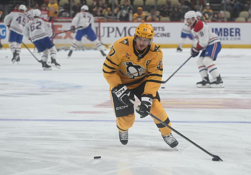 Dec 11, 2025; Pittsburgh, Pennsylvania, USA;  Pittsburgh Penguins center Sidney Crosby (87) moves the puck in warm ups before playing the Montreal Canadiens during at PPG Paints Arena. Mandatory Credit: Philip G. Pavely-Imagn Images