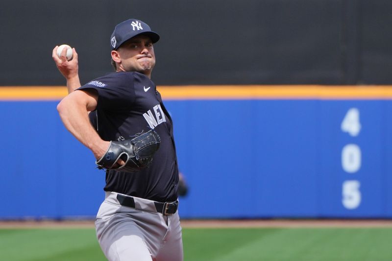 Mar 5, 2024; Port St. Lucie, Florida, USA;  New York Yankees pitcher Tanner Tully (84) warms-up before the bottom of the first inning against the New York Mets at Clover Park. Mandatory Credit: Jim Rassol-USA TODAY Sports