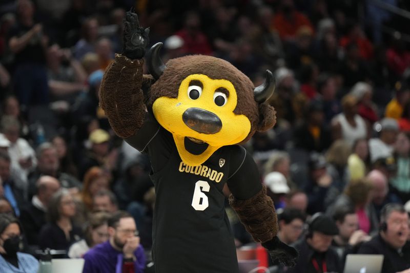 Mar 24, 2023; Seattle, WA, USA; Colorado Buffaloes mascot Chip gestures in the second half against the Iowa Hawkeyes at Climate Pledge Arena. Mandatory Credit: Kirby Lee-USA TODAY Sports