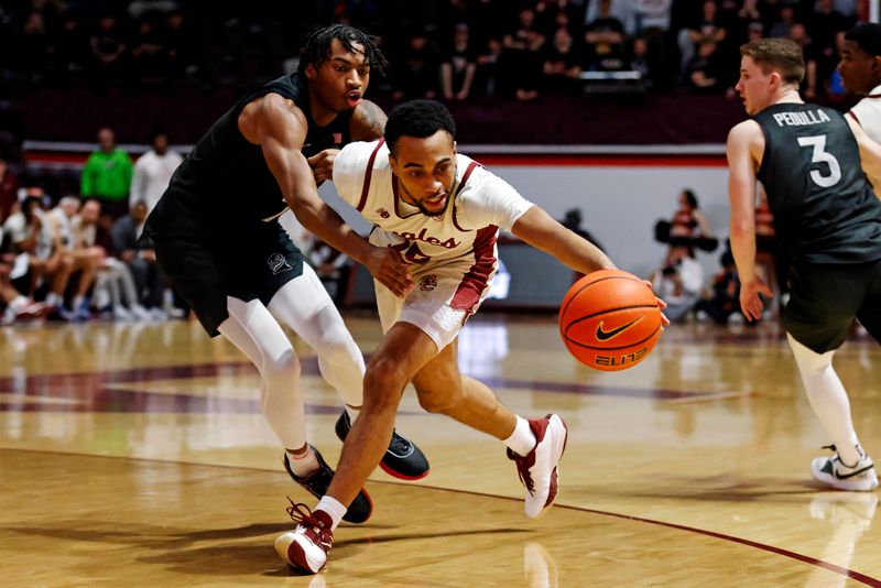 Jan 23, 2024; Blacksburg, Virginia, USA; Boston College Eagles guard Jack Di Donna (15) reaches for the ball against Virginia Tech Hokies guard MJ Collins (2) during the first half at Cassell Coliseum. Mandatory Credit: Peter Casey-USA TODAY Sports