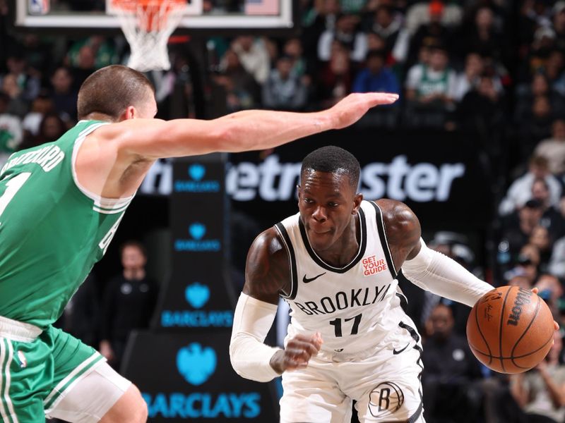 BROOKLYN, NY - NOVEMBER 13: Dennis Schroder #17 of the Brooklyn Nets dribbles the ball during the game against the Boston Celtics on November 13, 2024 at Barclays Center in Brooklyn, New York. NOTE TO USER: User expressly acknowledges and agrees that, by downloading and or using this Photograph, user is consenting to the terms and conditions of the Getty Images License Agreement. Mandatory Copyright Notice: Copyright 2024 NBAE (Photo by Jeff Haynes/NBAE via Getty Images)