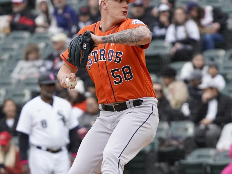 May 14, 2023; Chicago, Illinois, USA; Houston Astros starting pitcher Hunter Brown (58) throws the ball against the Chicago White Sox during the first inning at Guaranteed Rate Field. Mandatory Credit: David Banks-USA TODAY Sports