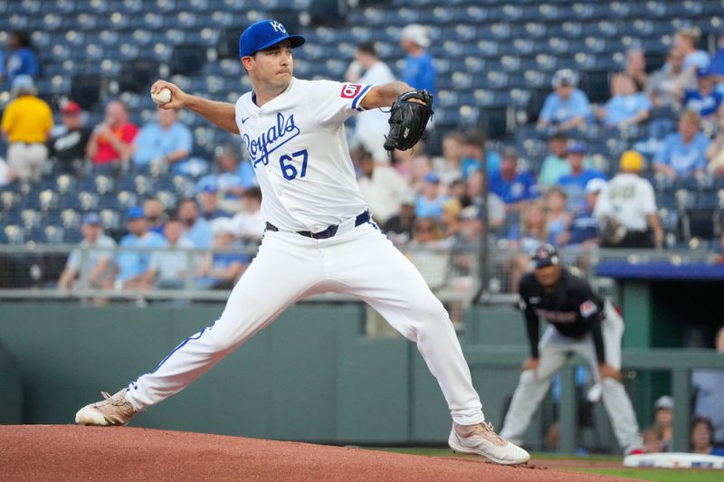 Sep 4, 2024; Kansas City, Missouri, USA; Kansas City Royals starting pitcher Seth Lugo (67) delivers a pitch against the Cleveland Guardians in the first inning at Kauffman Stadium. Mandatory Credit: Denny Medley-Imagn Images