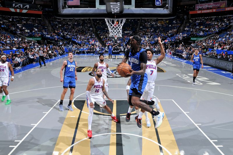 ORLANDO, FL - NOVEMBER 15: Kentavious Caldwell-Pope #3 of the Orlando Magic looks to pass the ball during the game against the Philadelphia 76ers during the Emirates NBA Cup game on  November 15, 2024 at Kia Center in Orlando, Florida. NOTE TO USER: User expressly acknowledges and agrees that, by downloading and or using this photograph, User is consenting to the terms and conditions of the Getty Images License Agreement. Mandatory Copyright Notice: Copyright 2024 NBAE (Photo by Fernando Medina/NBAE via Getty Images)