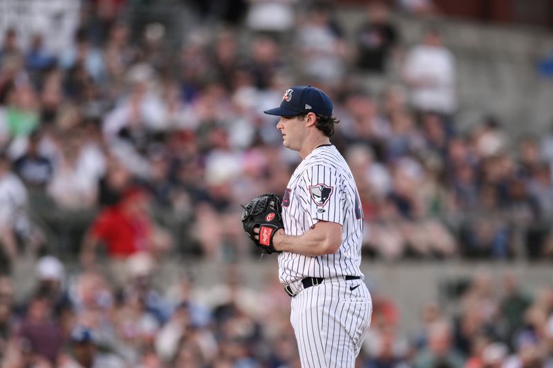Jun 4, 2024; Bridgewater, NJ, USA; New York Yankees pitcher Gerrit Cole pitches during a MLB rehab assignment with the Somerset Patriots against the Hartford Yard Goats at TD Bank Ballpark. Mandatory Credit: John Jones-USA TODAY Sports
