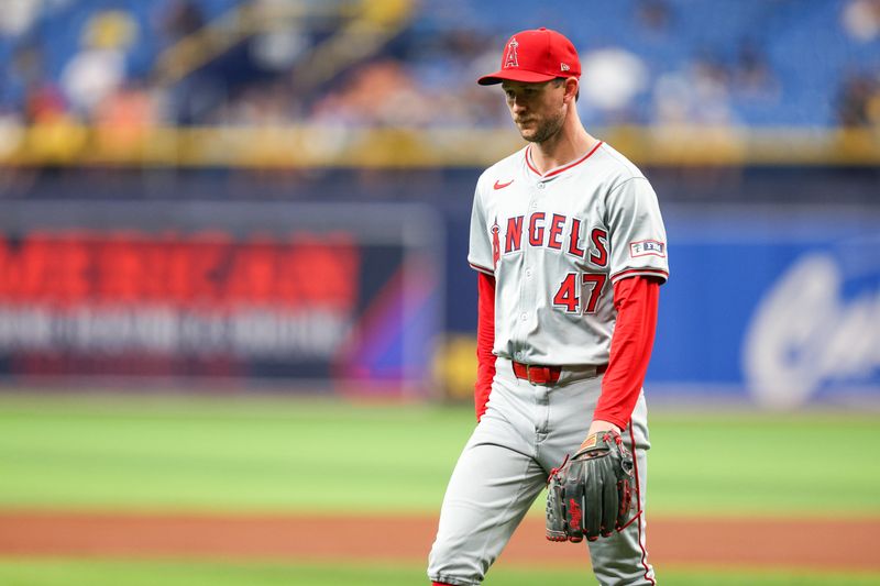 Apr 18, 2024; St. Petersburg, Florida, USA;  Los Angeles Angels pitcher Griffin Canning (47) leave the game against the Tampa Bay Rays in the sixth inning at Tropicana Field. Mandatory Credit: Nathan Ray Seebeck-USA TODAY Sports