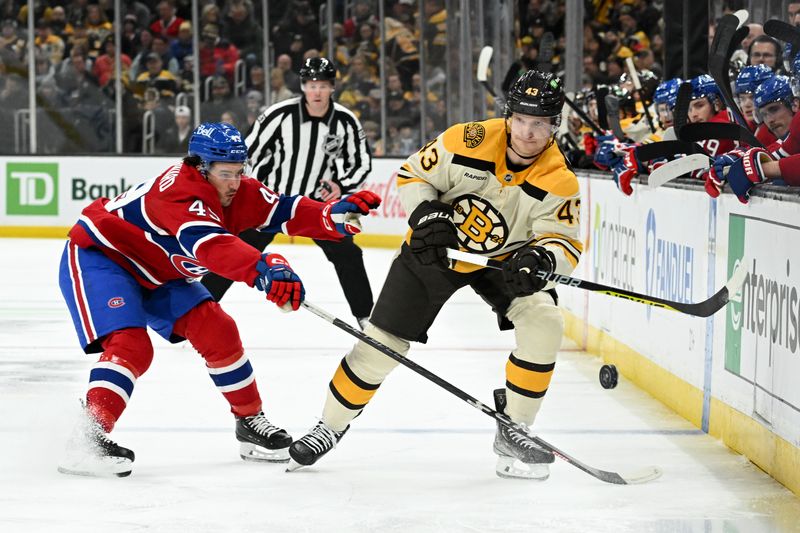 Jan 20, 2024; Boston, Massachusetts, USA; Boston Bruins left wing Danton Heinen (43) passes the puck around Montreal Canadiens left wing Rafael Harvey-Pinard (49) during the first period at the TD Garden. Mandatory Credit: Brian Fluharty-USA TODAY Sports