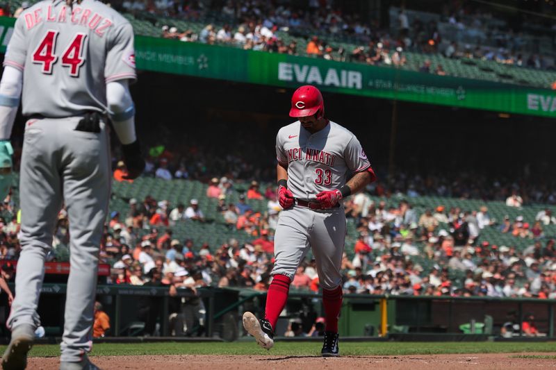 Aug 30, 2023; San Francisco, California, USA; Cincinnati Reds first baseman Christian Encarnacion-Strand (33) hits a two run home run during the eighth inning against the San Francisco Giants at Oracle Park. Mandatory Credit: Sergio Estrada-USA TODAY Sports